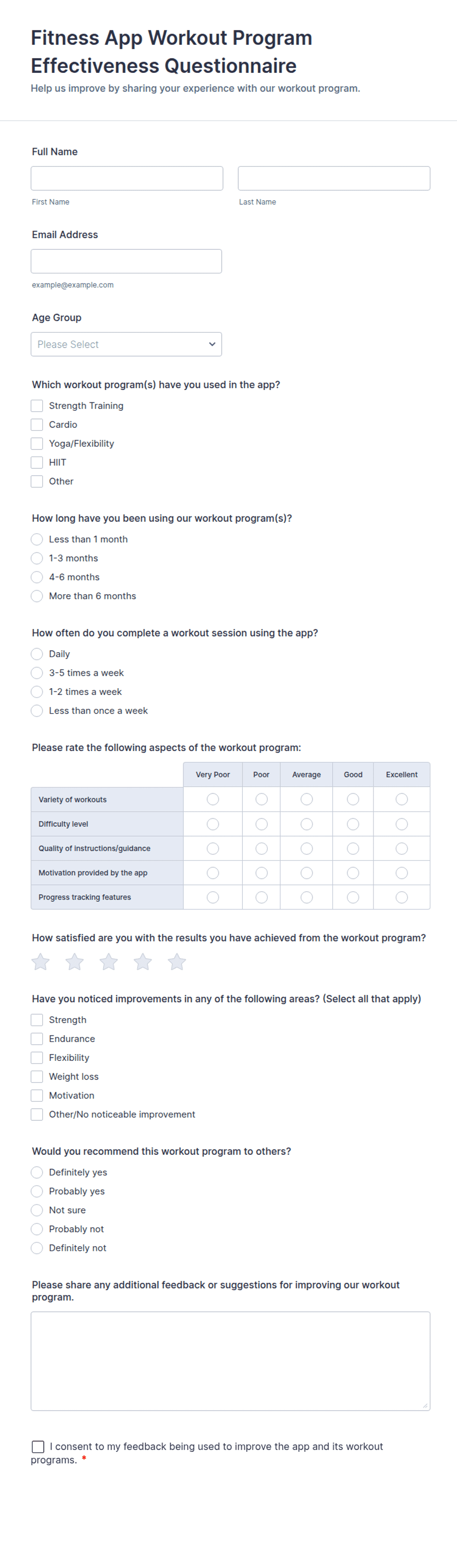 Program Questionnaire Fitness App Workout Program Effectiveness Questionnaire Form Template ...
