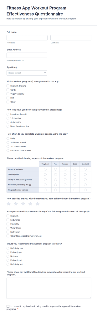 Fitness App Workout Program Effectiveness Questionnaire Form Template