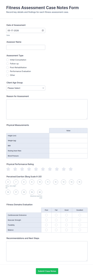 Fitness Assessment Case Notes Form Template