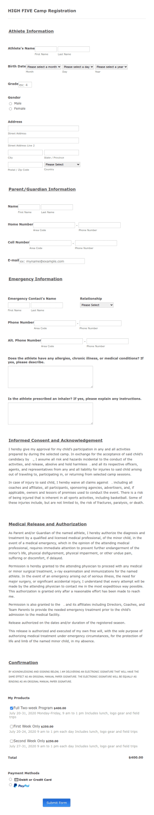 Fitness Camp Registration Form Template