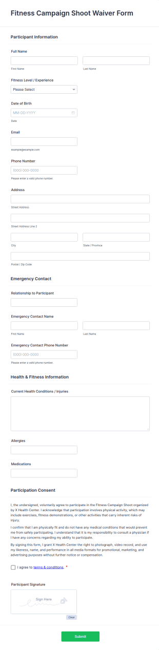 Fitness Campaign Shoot Waiver Form Template