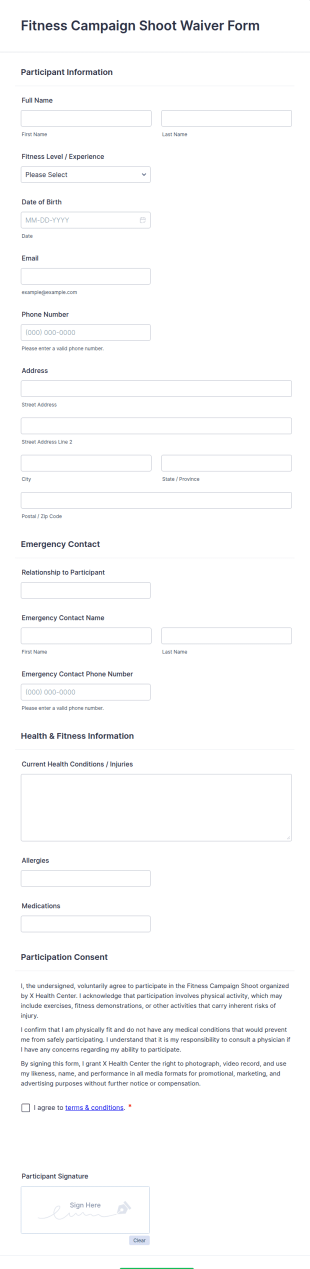 Fitness Campaign Shoot Waiver Form Template