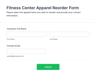 Fitness Center Apparel Reorder Form Template