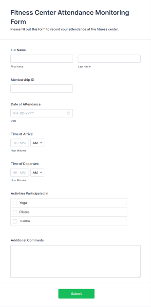 Fitness Center Attendance Monitoring Form Template
