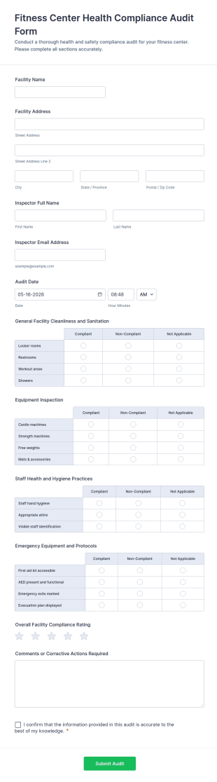 Fitness Center Health Compliance Audit Form Template