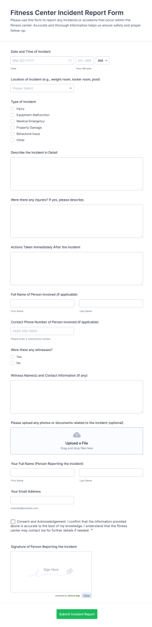 Fitness Center Incident Report Form Template