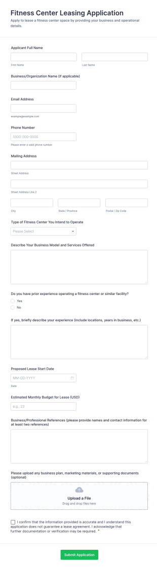 Fitness Center Leasing Application Form Template