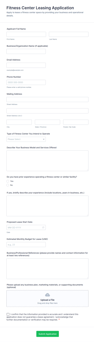 Fitness Center Leasing Application Form Template