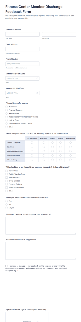 Fitness Center Member Discharge Feedback Form Template