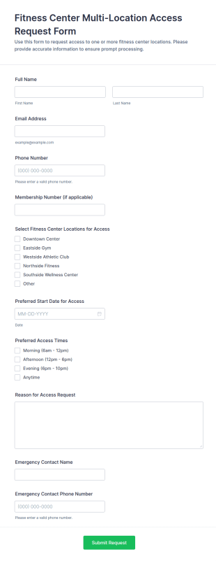 Fitness Center Multi Location Access Request Form Template