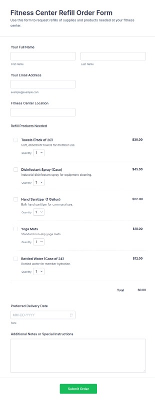Fitness Center Refill Order Form Template