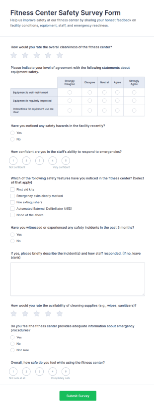 Fitness Center Safety Survey Form Template