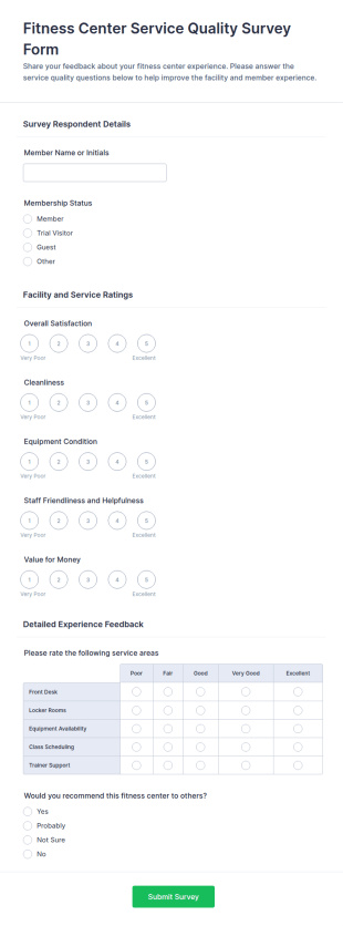 Fitness Center Service Quality Survey Form Template