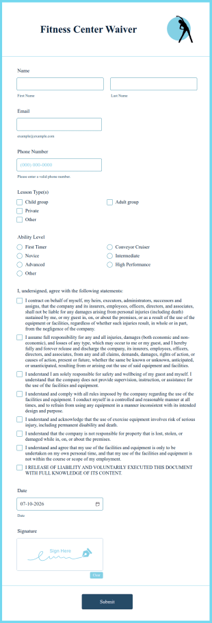 Fitness Center Waiver Form Template