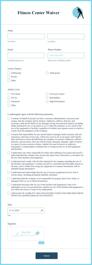 Fitness Center Waiver Form Template