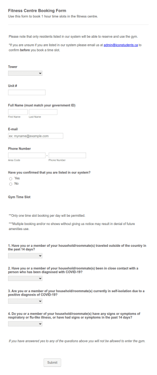 Fitness Centre Booking Form Template