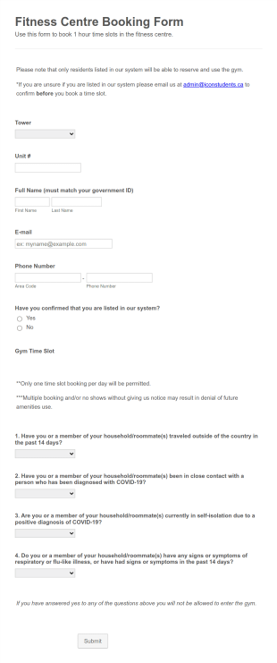 Fitness Centre Booking Form Template