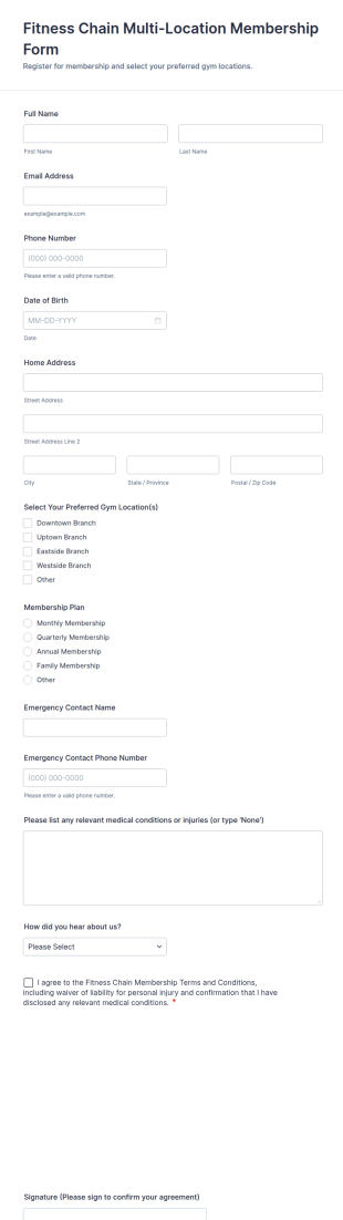 Fitness Chain Multi Location Membership Form Template