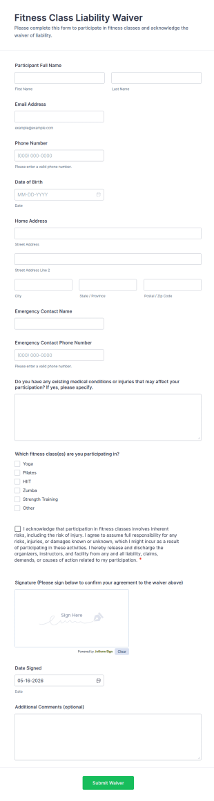 Fitness Class Liability Waiver Form Template