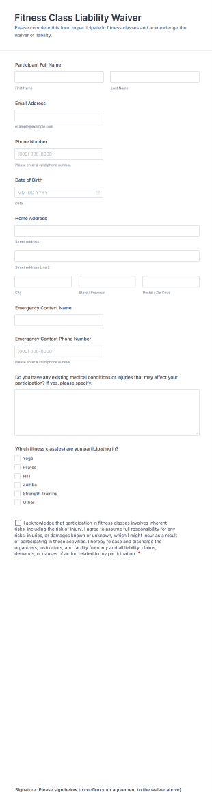 Fitness Class Liability Waiver Form Template