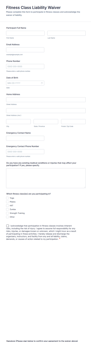 Fitness Class Liability Waiver Form Template