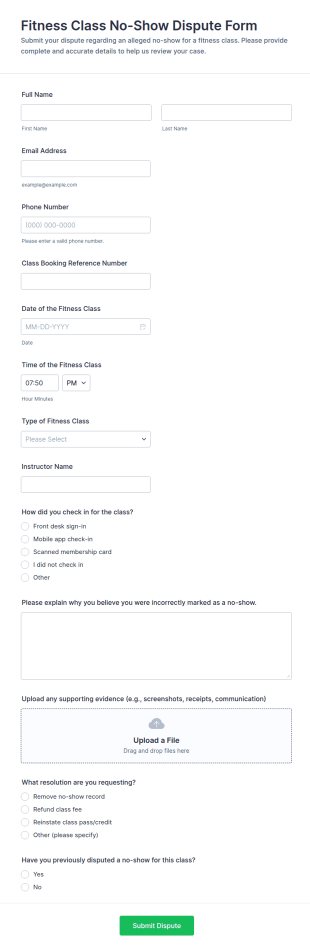 Fitness Class No Show Dispute Form Template
