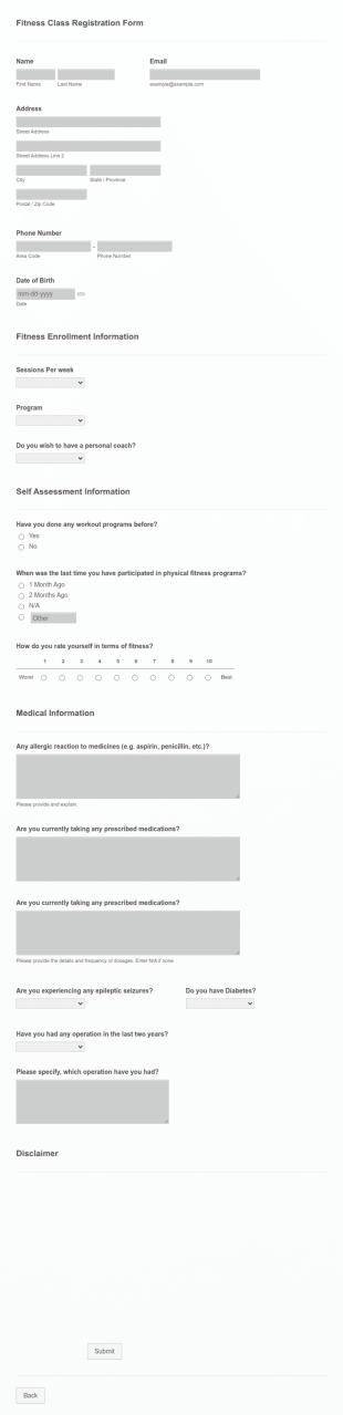 Fitness Class Registration Form Template
