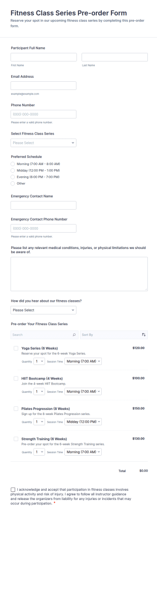 Fitness Class Series Pre Order Form Template