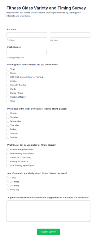 Fitness Class Variety And Timing Survey Form Template