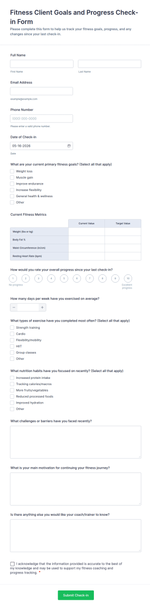 Fitness Client Goals And Progress Check In Form Template