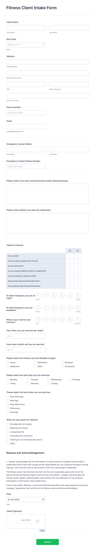 Fitness Client Intake Form Template