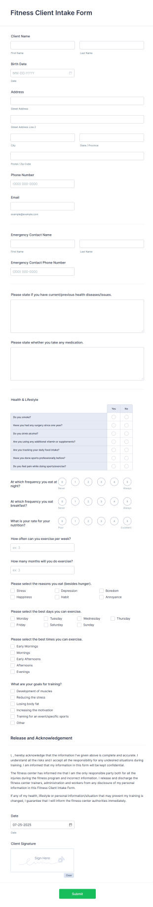 Fitness Client Intake Form Template