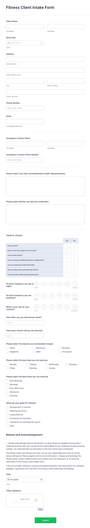 Fitness Client Intake Form Template