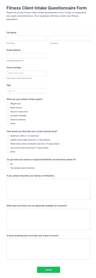 Fitness Client Intake Questionnaire Form Template