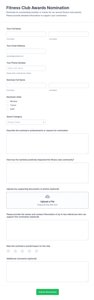 Fitness Club Awards Nomination Form Template