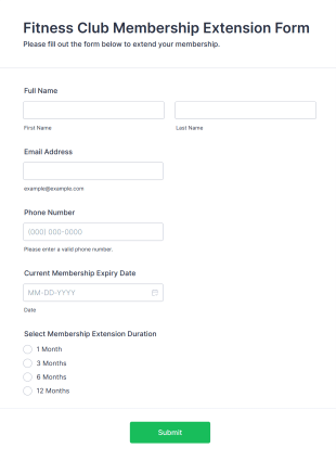 Fitness Club Membership Extension Form Template