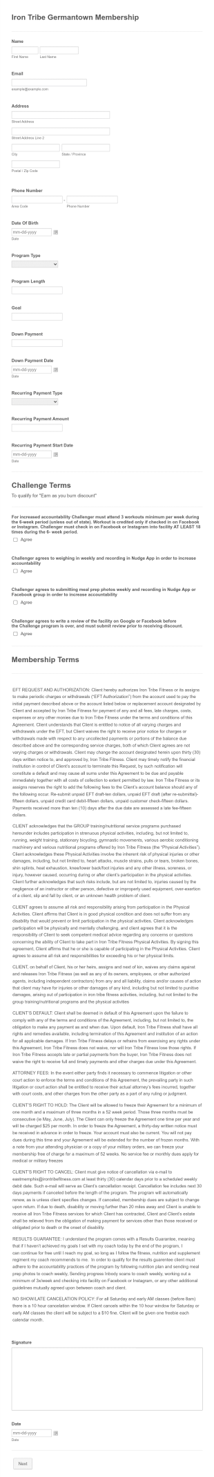 Fitness Club Membership Form Template
