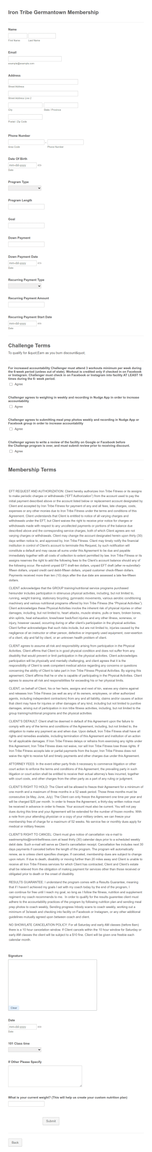 Fitness Club Membership Form Template