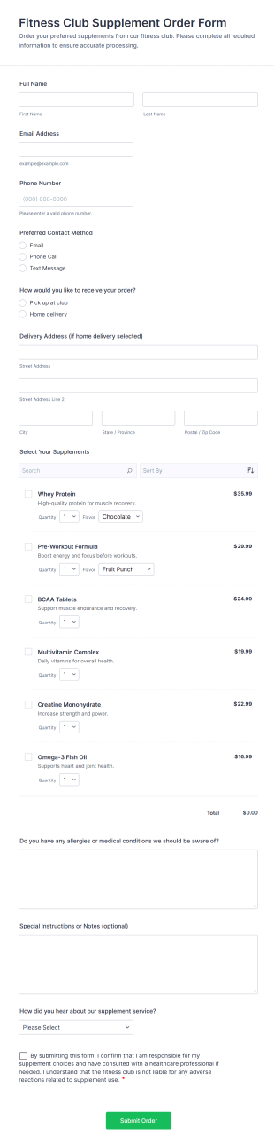 Fitness Club Supplement Order Form Template