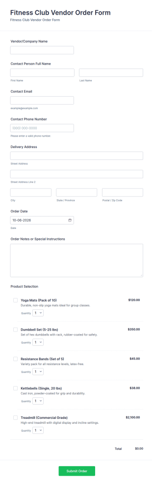 Fitness Club Vendor Order Form Template