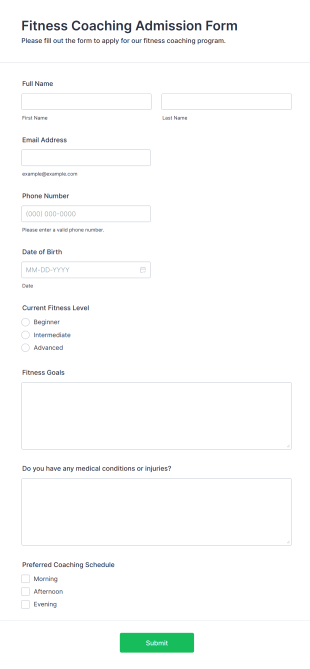 Fitness Coaching Admission Form Template