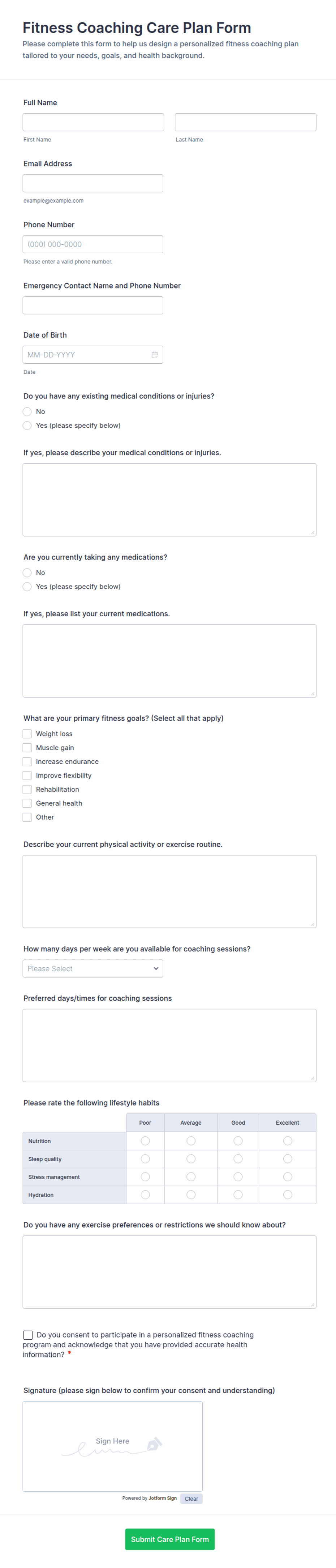 Fitness Coaching Care Plan Form Template | Jotform