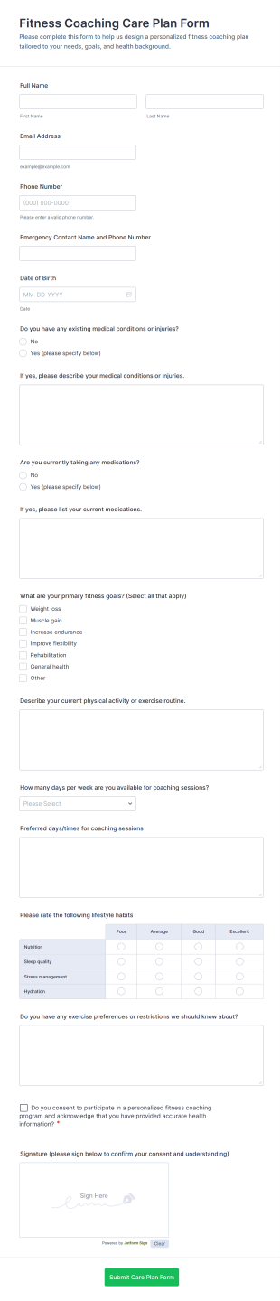 Fitness Coaching Care Plan Form Template