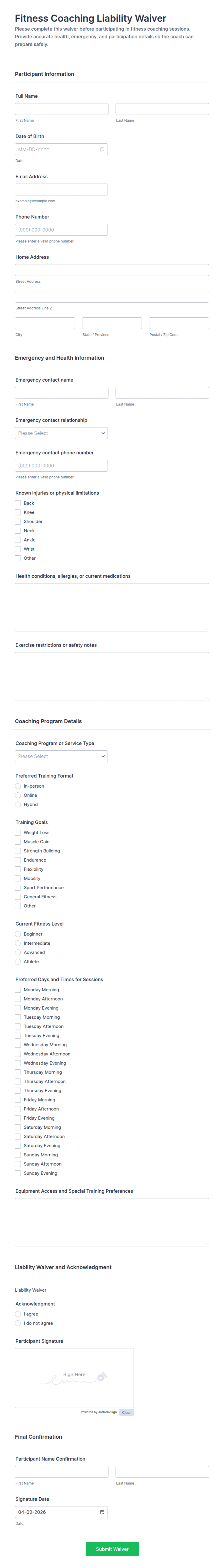 Fitness Coaching Liability Waiver Form Template | Jotform