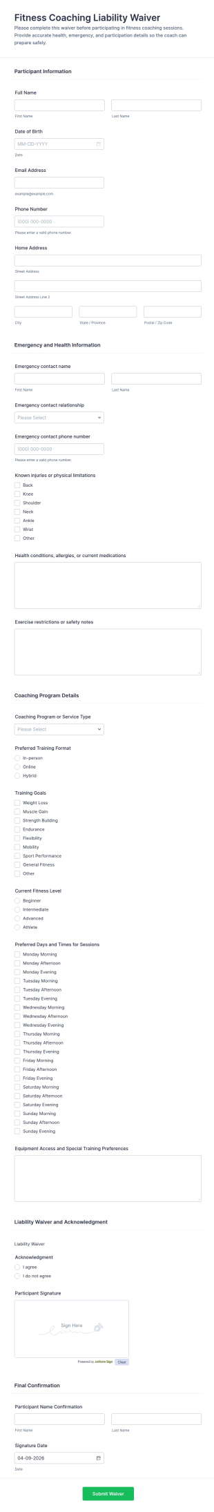 Fitness Coaching Liability Waiver Form Template