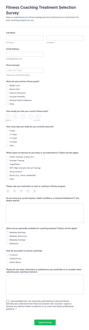 Fitness Coaching Treatment Selection Survey Form Template