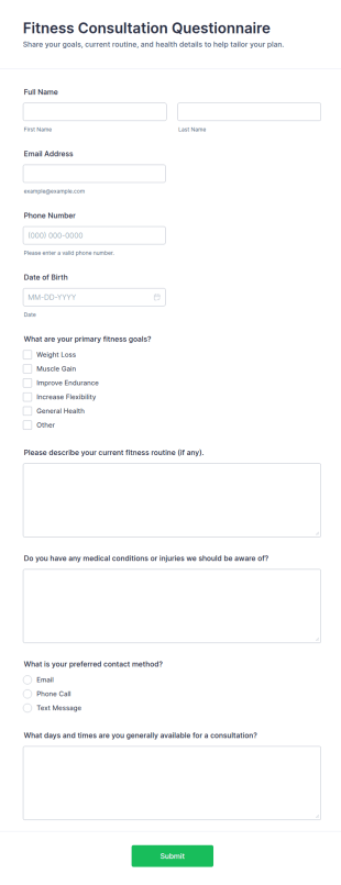 Fitness Consultation Questionnaire Form Template