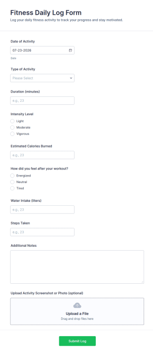 Fitness Daily Log Form Template