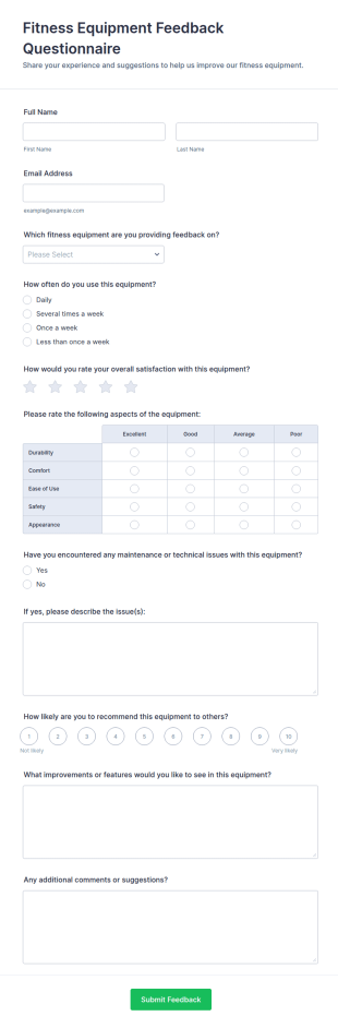 Fitness Equipment Feedback Questionnaire Form Template