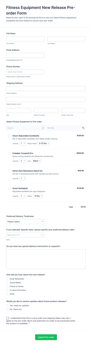 Fitness Equipment New Release Pre Order Form Template